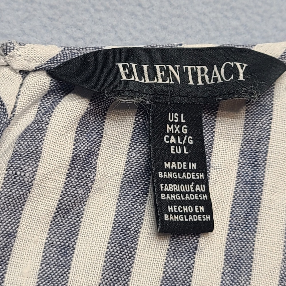 Ellen Tracy Tank Top Women Large Blue Striped Excellent Linen Sleeveless Shell - Picture 4 of 7